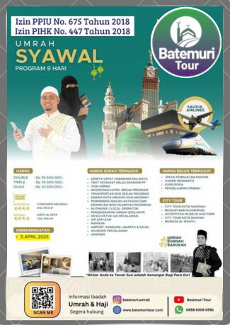 Paket Umrah Syawal , Umrah 1446H / 2025M, Kereta Cepat, Hudaya Safari -Btt,  09  hari , Keberangkatan  05 April 2025